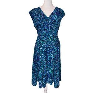 RALPH LAUREN V-NECK Cap Sleeve Fit Flare BLUE & AQUA KNIT Jersey DRESS Size 10